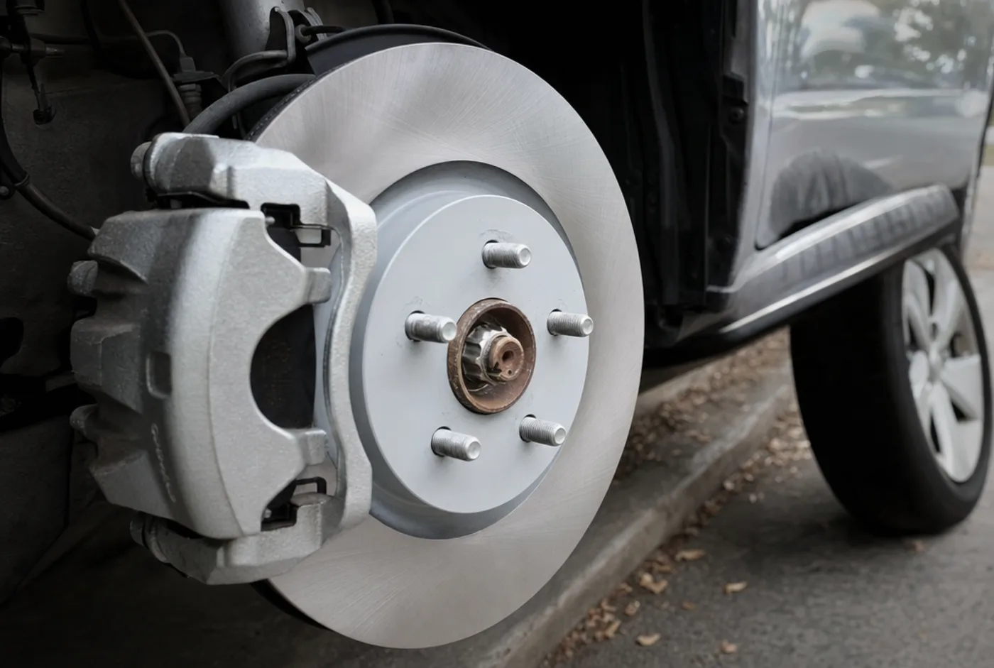 A newly fitted brake rotor and caliper on a wheel hub