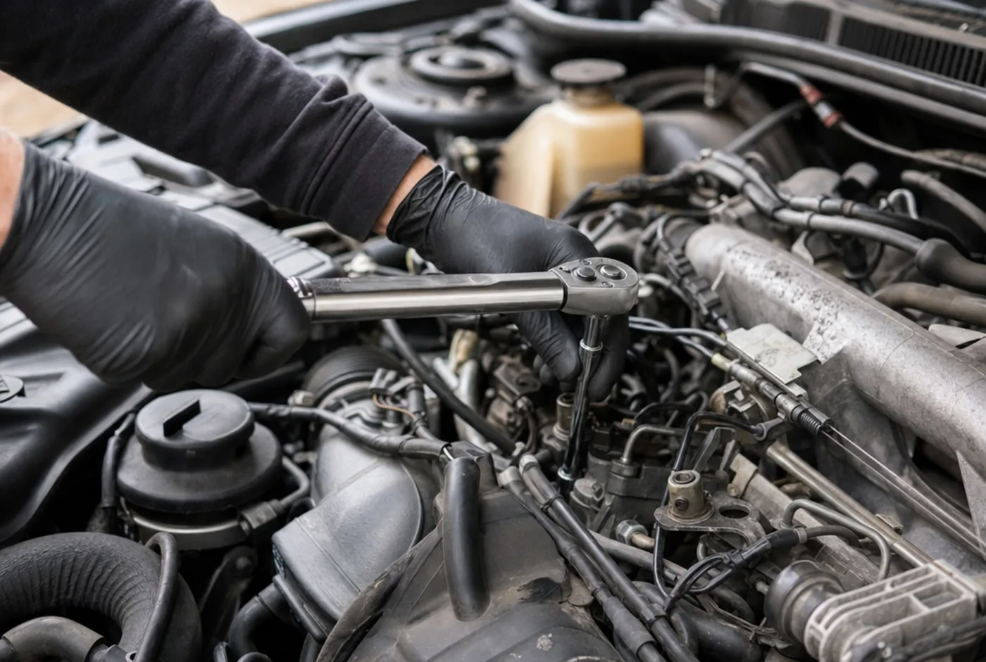 A technician using a torque wrench inside an engine bay